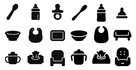 Baby care solid icons set – silhouette, filled, infant and parenting symbols