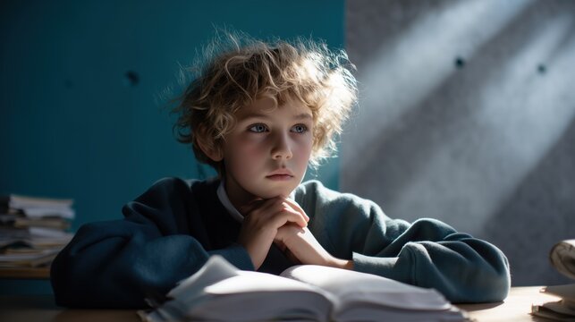 Pensive young boy sitting at a desk in dramatic natural light