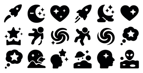 Space exploration silhouette icons set – filled, cosmic, interstellar symbols