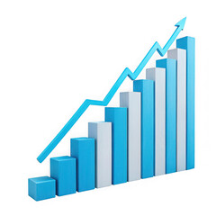 3d blue and white bar chart with upward trending arrow isolated on transparent background