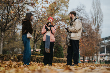 Three friends converse in a park surrounded by autumn foliage, dressed warmly with scarves and...