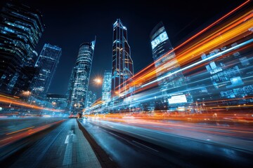 City lights blur at night. Skyscrapers and road with motion blur. For urban backdrop
