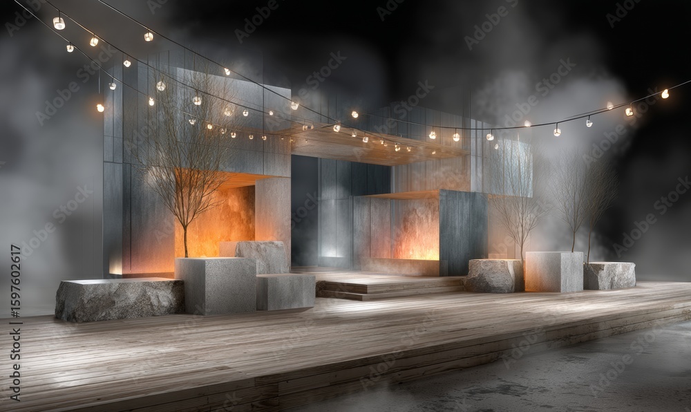 Poster glowing orbs floating around the trees and a sleek modern building on a rocky coast at dusk create a