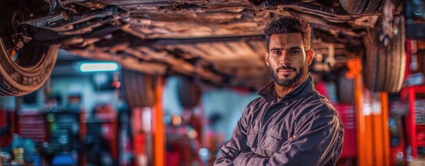 The skilled mechanic confidently overseeing car repair in an automotive workshop.