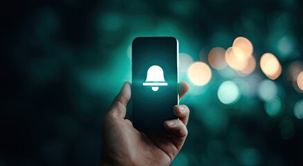 Smartphone displaying notification bell.  Hand holding phone