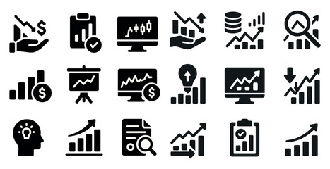 Business and finance solid icons set – data, analytics, growth and investment symbols