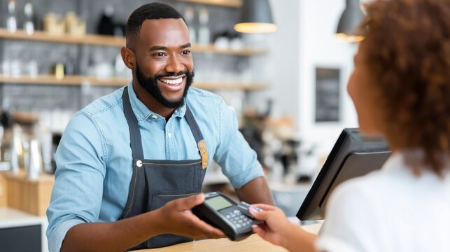 Smiling barista offering a payment terminal in a warm and welcoming coffee shop