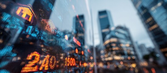 Financial data displayed on a screen, blurred city skyline