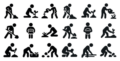 Gardening silhouette icons set – solid, filled, planting and horticulture symbols
