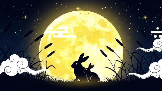 Enchanting Mid-Autumn Festival Night: Silhouetted Rabbits Under a Luminous Full Moon with Twinkling Stars and Drifting Clouds