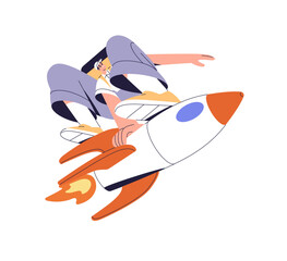 Concept of express delivery service. Carrier delivers food in thermal bag. Courier carries orders flying fast on rocket. Deliveryman flies on spacecraft. Flat isolated vector illustration on white