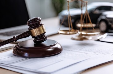 Lawsuit documents with gavel and scales