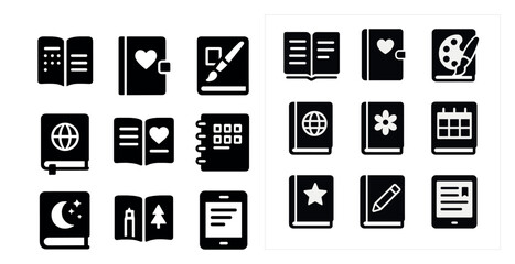 Notebook and journal silhouette icons set &ndash; solid, diary, planner symbols