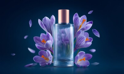 A dreamy, soft backdrop serves to enhance the beauty of the scene and the floral essence of the fragrance, as an elegant perfume bottle is showcased among vibrant purple blossoms