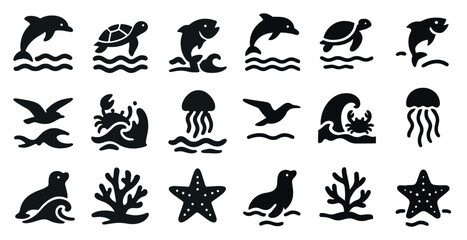 Marine and aquatic silhouette icons set – solid, filled, sea and ocean symbols