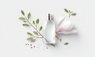 A blooming white flower with green leaves and a perfume bottle topped with a gold cap sit together on a bright surface, with small decorative stones scattered around them