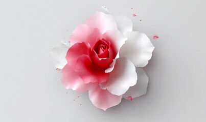 A lovely red rose adorned with delicate gray leaves is centered on a soft white background, creating a sense of romantic and elegant charm