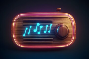 Vintage Style Radio with Glowing Music Notes Design and Wooden Texture
