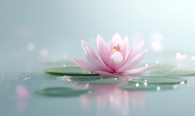 The floral scene is characterized by its calmness, with a serene pond of water lilies, blooming white lotuses, and large green pads, all under a soft, peaceful light