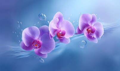 On smooth leaves, elegant purple orchids with soft, delicate petals and glistening water droplets are nestled against a gentle, out-of-focus background