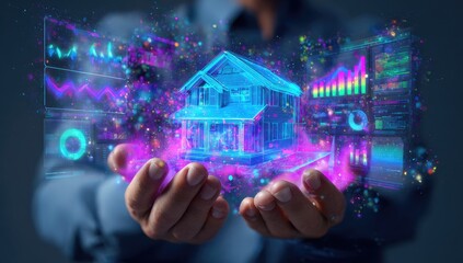 Holographic house visualization displayed in hands
