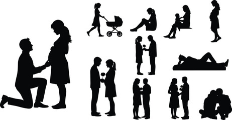 Silhouette vector illustrations of couples, families, pregnancy, parenting, love, emotions, relationships, bonding, parenthood, maternal care, fatherhood scenes