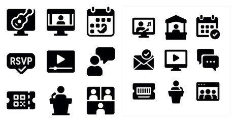 Webinar and conference solid icons set – virtual meeting, online event symbols