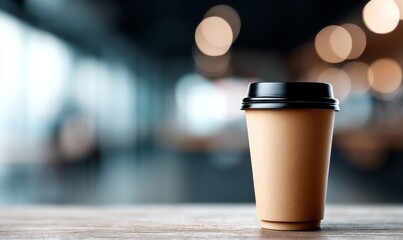A lidded coffee cup on a wooden table is bathed in sunlight, and the presence of plants and a blurred background suggests that the scene is set in a cozy indoor space or a cafe, thereby producing a