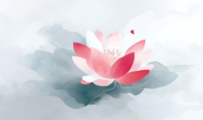 Against a soft, cloudy backdrop, an elegant white lotus with red tips is painted blooming beside a closed bud, in an artistic style