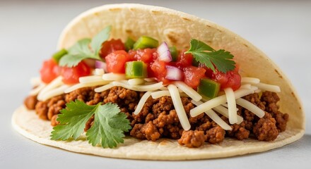 A delicious, fresh taco filled with seasoned meat, cheese, and vibrant toppings; a culinary delight