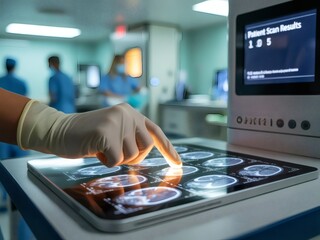 Photo of a doctor examines brain scans on a digital tablet in a modern hospital setting