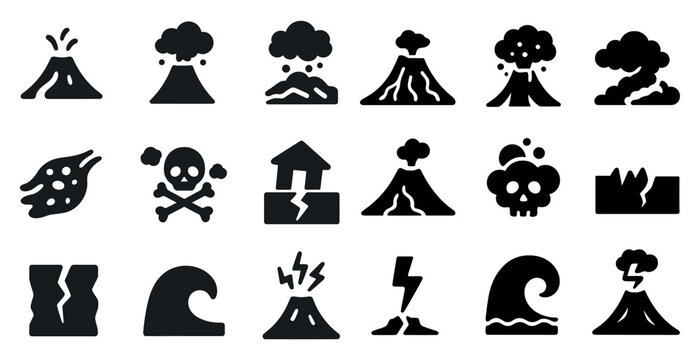 Natural disaster icons set &ndash; silhouette, solid, volcano and earthquake symbols