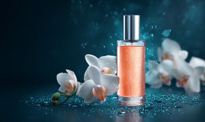 The sophisticated and floral essence of an elegant perfume bottle filled with golden liquid is beautifully showcased, framed by white orchid flowers and a soft, bright backdrop that enhances its