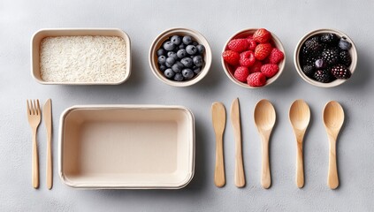 A neutral surface displays a neatly arranged assortment of fruits like berries and tomatoes, grains, and wooden utensils, creating a scene of fresh and healthy food preparation