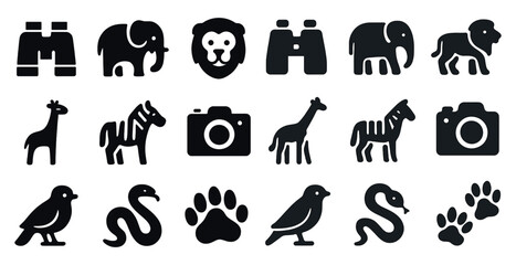 Obraz premium Wildlife safari solid icons set – filled, animal, nature exploration symbols