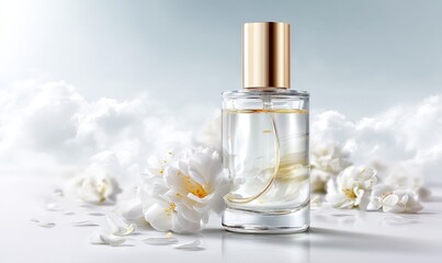 Among the soft white petals of flowers and the gentle drift of clouds, a lovely perfume bottle is nestled, releasing a delicate and refined floral aroma that conveys luxury and peacefulness