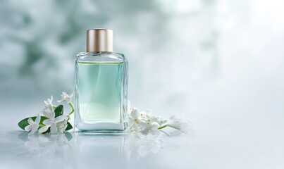 An exquisite perfume bottle is positioned in a picturesque garden, complete with white flowers, lush greenery, and a soft, ethereal glow that creates a bokeh effect