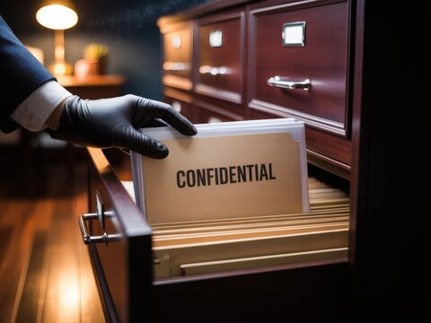 Photo of a gloved hand pulls a confidential file from a wooden filing cabinet drawer