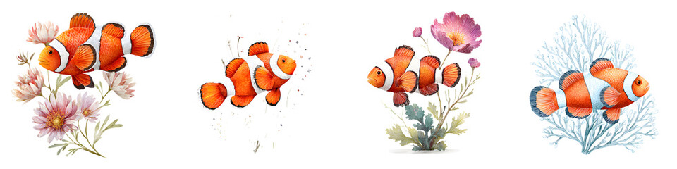 Clownfish Watercolor Set - Tropical Fish with Coral and Flowers