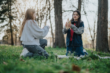 Two teenagers casually engaging in an outdoor activity surrounded by greenery and trees, evoking a...
