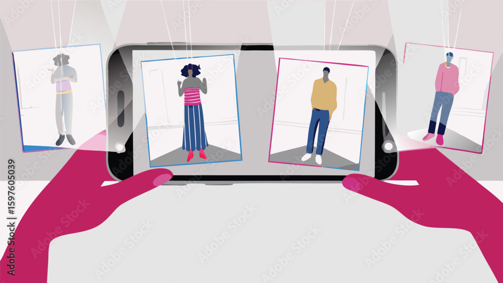 Poster hands holding a smartphone displaying images of people in colorful frames and bright light beams