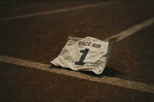 Crumpled race bib number 1 on running track with white lane.