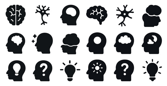 Brain and neurology silhouette icons set – filled, solid, mental health symbols
