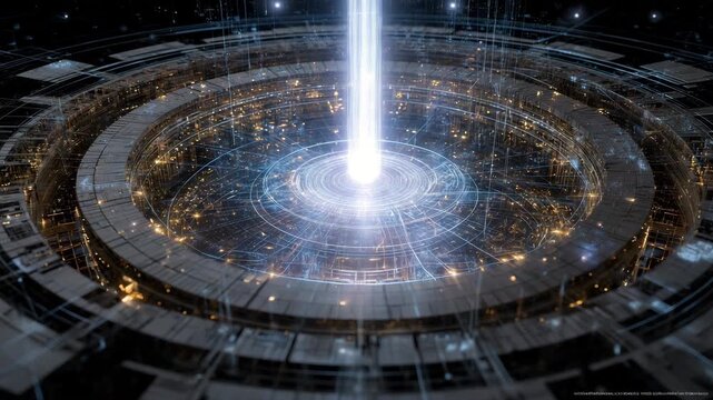 Large, glowing sphere with a bright light in the center.mechanical AI core pulsing with quantum light paths, floating in a void of mathematical symbols, quantum ai development