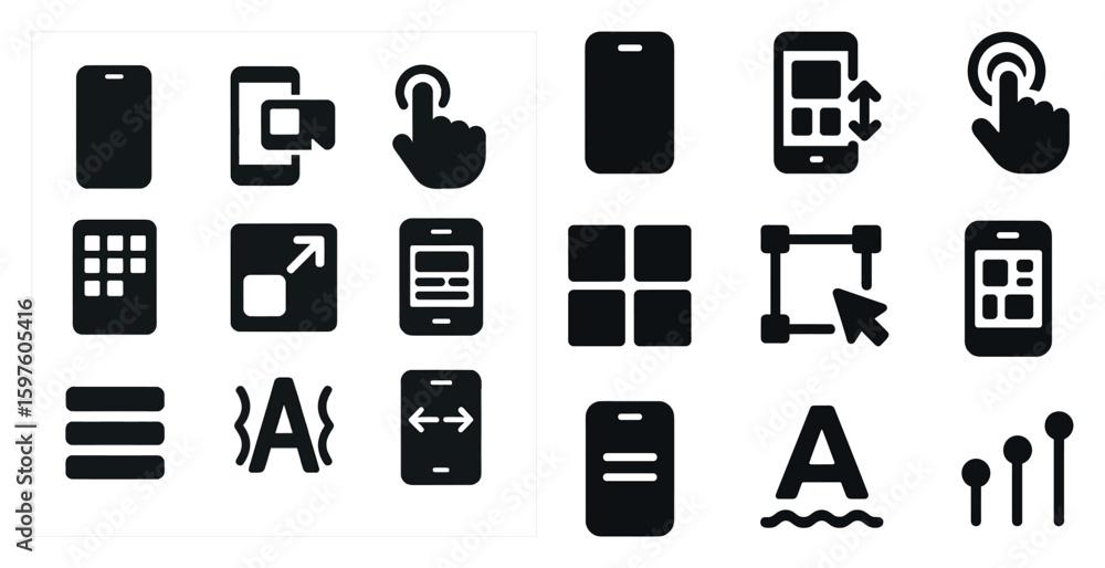 Poster app ui and ux solid icons set – flat, filled, interface design essentials