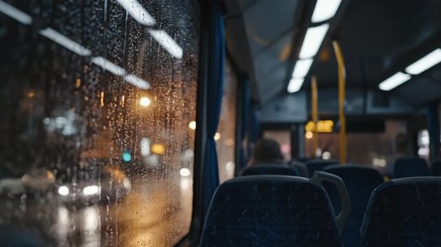 video from inside the bus to the window with night light and rain, video asset, advertisement video, film,