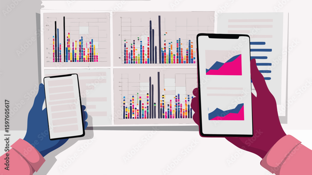 Poster two hands holding smartphones displaying charts with data visualization on a white background