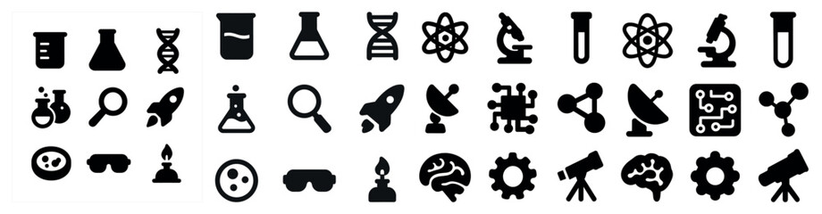 Science and technology silhouette icons set – solid, filled, lab and research symbols