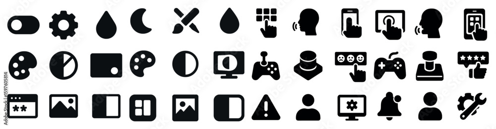 Poster user interface solid icons set – filled, interactive, digital ui symbols
