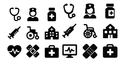 Medical healthcare solid icons set &ndash; filled, flat, doctor and hospital symbols
